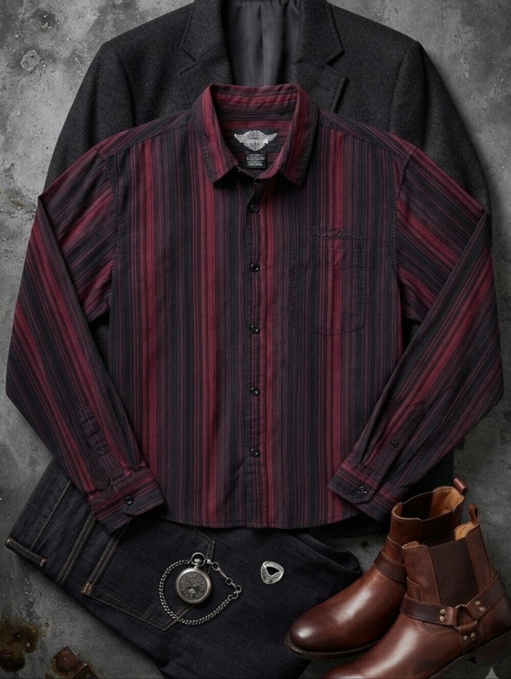 Y2K Harley Davidson Black Red Stripe Long Sleeve Button Down Shirt